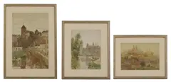 Herbert Marshall, Three views of European towns, watercolour