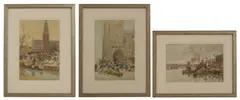 Herbert Marshall, Three views of European cities, watercolour