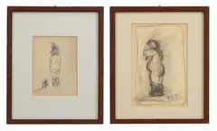 Two drawings, one of a nude wearing boots and another of a lady walking a dog by Heinrich Zille, pencil, sold May 2026