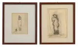 Heinrich Zille, Two drawings, one of a nude wearing boots and another of a lady walking a dog, pencil