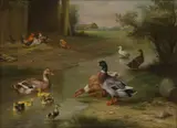 Edgar Hunt, A family of ducks by a stream, oil on canvas