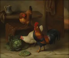 Edgar Hunt, Chickens eating cabbage, oil on canvas