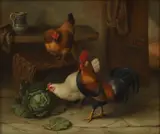 Edgar Hunt, Chickens eating cabbage, oil on canvas
