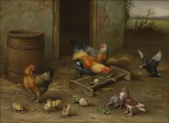 Edgar Hunt, Chickens, chicks and pigeons in a farmyard, oil on canvas
