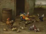 Edgar Hunt, Chickens, chicks and pigeons in a farmyard, oil on canvas