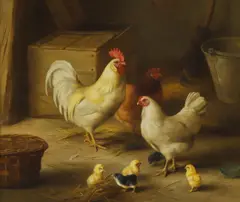 Edgar Hunt, Hens and chicks in a barn, oil on canvas