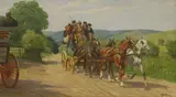 William Barnes Wollen, A coach and four on a country road, oil on canvas