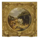 John Frederick Herring Jnr, Sunday', a farmyard scene, oil on canvas painted circle