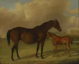 George Henry Laporte, A mare and foal in a landscape with a country house beyond, oil on canvas