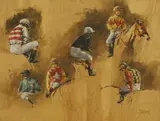 Hubert de Watrigant, Studies of jockeys and a horse, oil on board