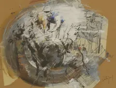 Hubert de Watrigant, Three horses with jockeys up, mixed media and collage