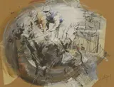 Hubert de Watrigant, Three horses with jockeys up, mixed media and collage