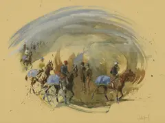 Hubert de Watrigant, Four horses wearing blue, watercolour and gouache