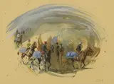 Hubert de Watrigant, Four horses wearing blue, watercolour and gouache