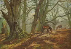 Barry Peckham, Beeches at Oakley, near Burley, oil on canvas board