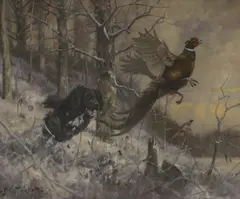 John Trickett, Spaniel flushing pheasant, oil on canvas