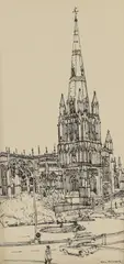 Ken Howard, A group of five drawings of Bristol and Stonehenge commissioned to illustrate telephone directories, pen and ink