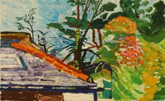 John Bratby, A landscape with building and trees, oil on canvas