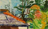 John Bratby, A landscape with building and trees, oil on canvas