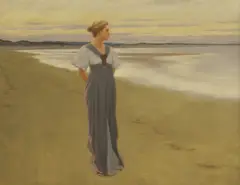 Evan Thomas, A lady taking a walk on a beach at dusk, oil on canvas