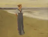 Evan Thomas, A lady taking a walk on a beach at dusk, oil on canvas