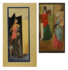 Albert Victor Ormsby Wood, Two paintings, one of a lady getting dressed, the other of a portrait sitting, watercolour and gouache over pencil