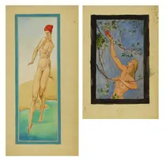 Albert Victor Ormsby Wood, Two paintings, one of a nude paddling, the other of a nude picking fruit from a tree, watercolour and gouache over pencil