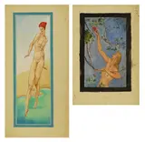 Albert Victor Ormsby Wood, Two paintings, one of a nude paddling, the other of a nude picking fruit from a tree, watercolour and gouache over pencil
