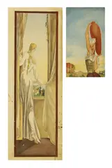 Albert Victor Ormsby Wood, Two paintings, one of a woman at a window, the other of a figure carrying a water jug, the second oil on canvas board