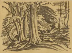 A wooded landscape with a seated figure by Ethelbert White, black chalk, sold Mar 2026