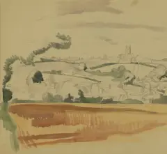 Harvest landscape, Suffolk, circa 1930s by John Nash, pencil and watercolour with notations, sold Mar 2026