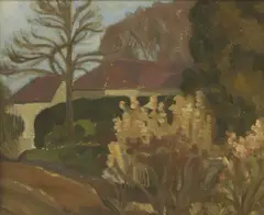 John Nash, Farm buildings down a country lane, oil on canvas