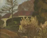 John Nash, Farm buildings down a country lane, oil on canvas