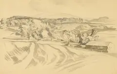 John Nash, Landscape with barn, watercolour en grisaille over pencil