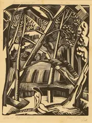 Paul Nash, Black Poplar Pond, woodcut