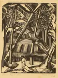 Paul Nash, Black Poplar Pond, woodcut