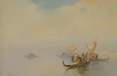William Knox, Gondolas on a Venice lagoon, watercolour