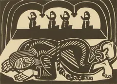 Ever was Sir Lancelot lying grovelling on the tomb of King Arthur and Queen Guinevere' (MG 169) by Edward Bawden, linocut, sold Mar 2026