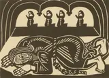Edward Bawden, Ever was Sir Lancelot lying grovelling on the tomb of King Arthur and Queen Guinevere' (MG 169), linocut