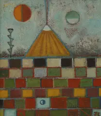 John Christopherson, Volcano with Sun and Moon, 1990, oil on board