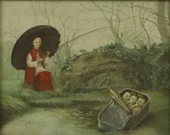 Ronald Ferns, Priest fishing for sardines, oil on canvas laid on board