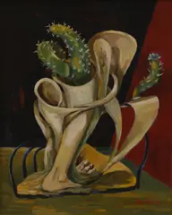 Cactus in a foot vase by Patricia Pearce, oil on canvas, sold Mar 2026
