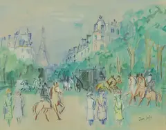 Jean Dufy, Parisian street with a view of the Eiffel Tower, watercolour and gouache