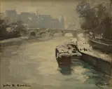 Jules Rene Herve, Boats by a bridge, oil on canvas