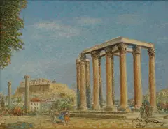 Vasilis Zenetzis, Stylae of Olympian Zeus with Acropolis Beyond, 2003, oil on canvas