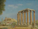 Vasilis Zenetzis, Stylae of Olympian Zeus with Acropolis Beyond, 2003, oil on canvas