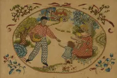 A rare embroidery of a family in a garden by Mary Fedden, embroidery thread and gouache on linen, sold Mar 2026