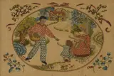 Mary Fedden, A rare embroidery of a family in a garden, embroidery thread and gouache on linen