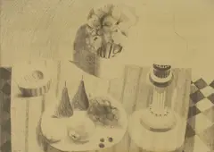 Still Life with Fruit, Vase of Flowers and Lantern by Mary Fedden, pencil, sold Mar 2026