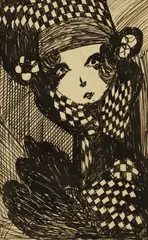 Madge Gill, Study of a woman in hat, pen and ink on postcard